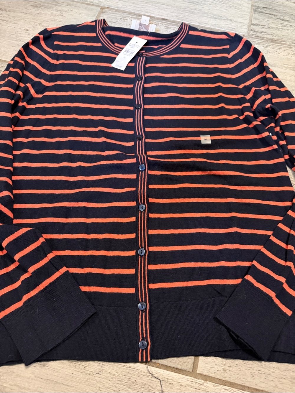 LOFT Navy and Orange Striped Cardigan